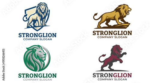 This collection showcases four distinct strong lion logos, each representing power and confidence, suitable for branding purposes with varying artistic styles.