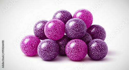 Pile of sparkling pink and purple glitter balls on white background candy or decorative objects