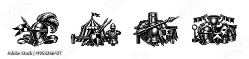 Medieval knight helmets and armor vector illustration in black and white silhouette style