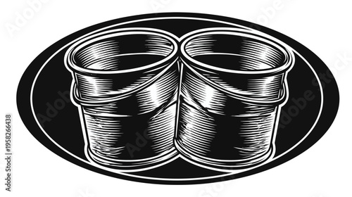 Stylized black and white drawing of two buckets with handles, contained within an oval frame