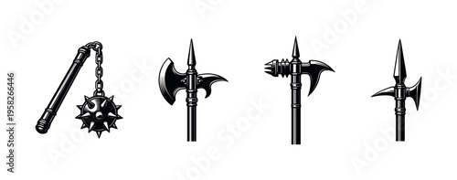Medieval weapon collection illustration featuring mace and axes in black and white vector style