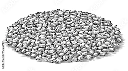 A black and white illustration of a pile of small, oval-shaped objects, possibly seeds or grains