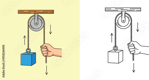 Physics pulley system experiment with hand pulling rope vector illustration and coloring page
