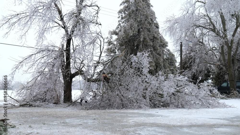 Pan Video Clip of Broken Trees Destroyed by Ice Storm by a House in ...