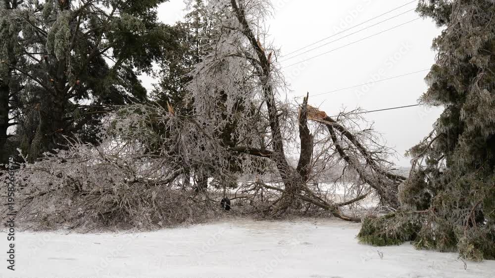 Damaged Cause Near Power Lines from Severe Winter Ice Storm with Broken ...