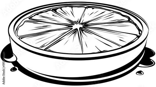 Stylized, grayscale illustration of a citrus fruit slice in a bowl, with stylized dripping
