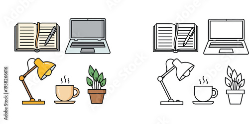 Workspace elements including laptop, notebook, desk lamp, coffee, and plant vector illustration with coloring page version