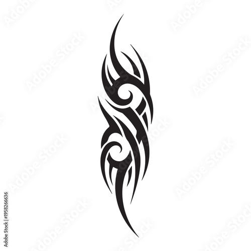 Tribal tattoo design on a white background. This is a black and white graphic representing a tribal art form. The abstract lines form a pattern that can be used as a temporary tattoo or body art