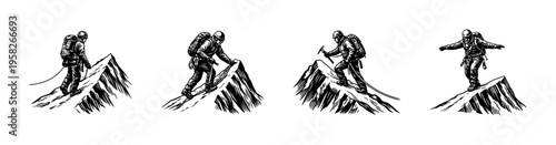 Black and white mountaineers silhouette on mountain peaks vector illustration