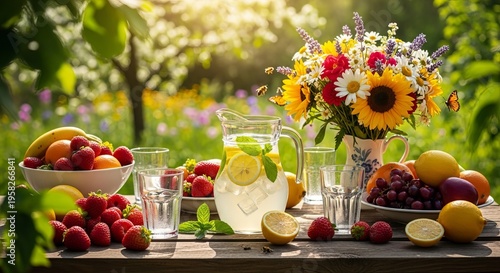 Table laden with fresh fruits, refreshing lemonade, and vibrant flowers in sunlit garden setting