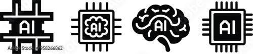 AI learning chip silhouette icons, artificial intelligence processor symbols