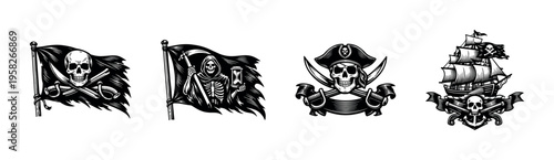 Black and white pirate themed skull and crossbones illustrations with grim reaper and ship silhouettes