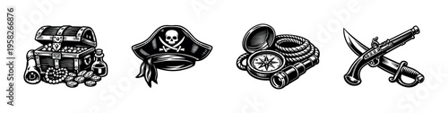 Pirate themed black and white illustrations of treasure chest compass hat and weapons
