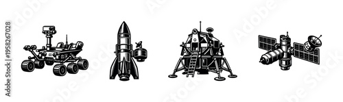Black and white vector silhouette of spacecraft elements including rocket rover satellite module