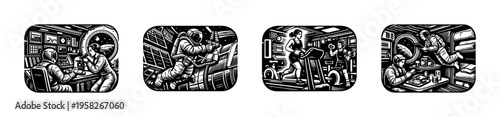 Astronauts in spacecraft black and white vector illustration series