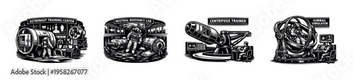 Vintage space training facility illustrations, astronaut training center, retro vector silhouette art