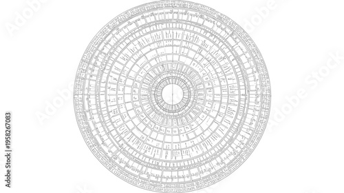 A detailed circular drawing with complex concentric rings, resembling an intricate compass or map