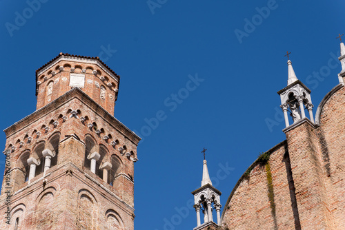 Medieval gothic bell tower of the Basilica di Santa Maria Gloriosa dei Frari. The Frari church. Venice. Italy