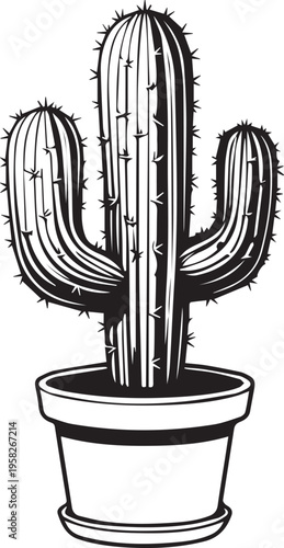 Minimalist black and white cactus icon in pot isolated illustration