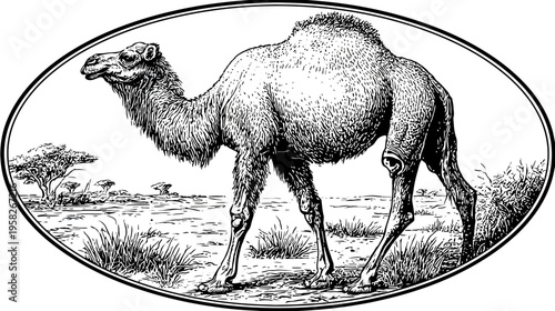 An intricate black and white illustration of a camel in a desert landscape within an oval frame