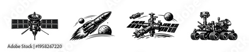 Space exploration elements vector set featuring satellite rocket space station rover