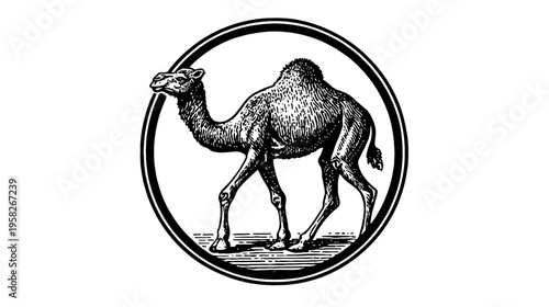 A black and white illustration of a dromedary camel within a circular border