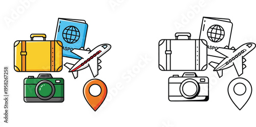 Travel and tourism icons including suitcase, passport, airplane, and camera vector illustration with coloring page version