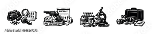 Black and white detective tools and evidence collection vector illustration silhouette
