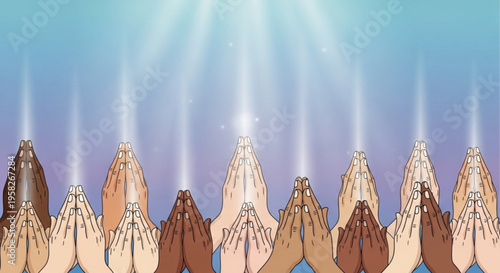 Diverse hands praying together with light rays on blue background symbolizing unity and spirituality in a serene atmosphere