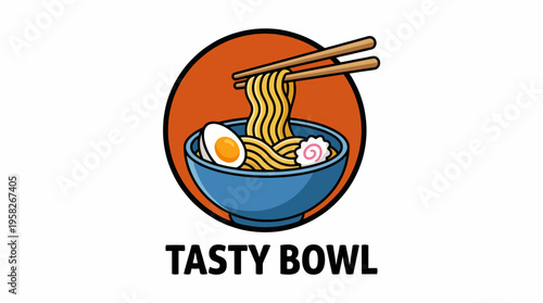 A colorful and inviting bowl of ramen featuring tasty noodles, a soft-boiled egg, fish cake, and chopsticks poised for the perfect bite, perfect for food lovers.