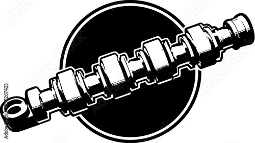 A stylized illustration of a mechanical component, appearing to be a shock absorber, set on black circle