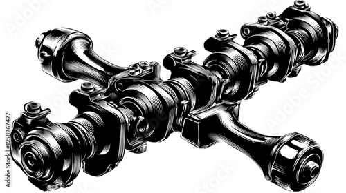 Detailed vector illustration of a mechanical assembly, featuring cross-shaped construction