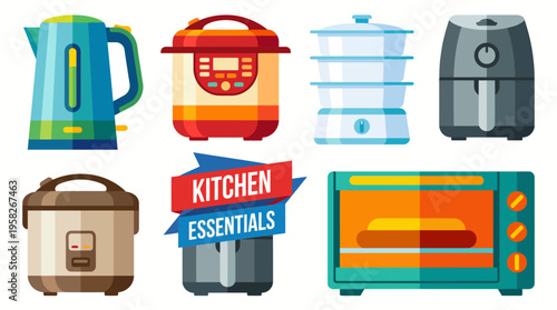 This vibrant collection of essential kitchen appliances illustrates various cooking tools vital for modern culinary practices, showcasing innovation and convenience for contemporary chefs.