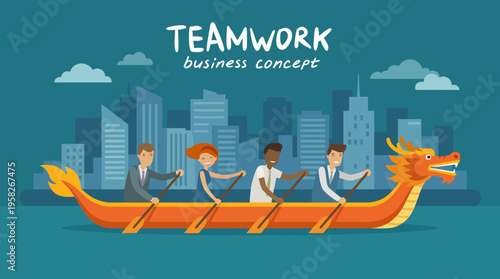 A colorful illustration depicting teamwork through a dragon boat paddled by diverse individuals, embodying collaboration and unity in a business context.