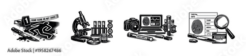 Forensic science elements vector illustration, crime scene investigation black and white silhouette