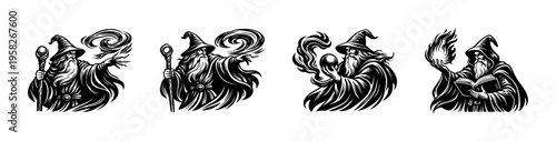 Wizards illustrations set silhouette black and white magical fantasy clipart