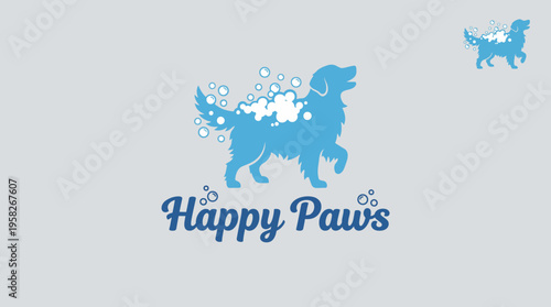 A joyful and playful illustration of a dog surrounded by bubbles, representing a pet grooming business focused on care, cleanliness, and happiness for furry friends.