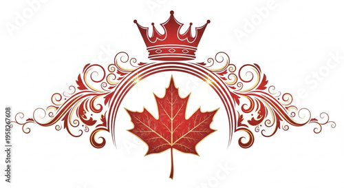 Red maple leaf with crown and ornate design on white background symbolizing canada royalty