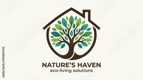 A harmonious logo combining a house silhouette with a large tree, illustrating a commitment to eco-friendly living and promoting sustainable and green solutions for modern homes.