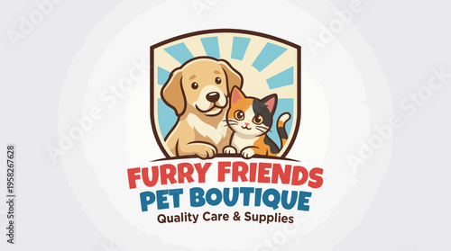 This logo showcases a friendly dog and a playful cat, embodying the spirit of companionship and care at Furry Friends Pet Boutique, inviting pet lovers to explore quality supplies.