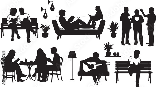 Collection of lifestyle silhouettes with people sitting in cafes and homes

