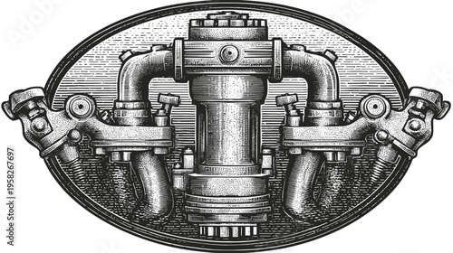 Detailed illustration of industrial machinery in an oval frame, with pipes, valves, and a central column
