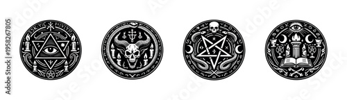 Mystical occult symbols collection, black and white vector illustrations, esoteric elements, silhouette designs