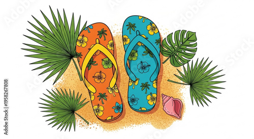 Vibrant flip flops with tropical palm tree designs on sandy beach with green leaves and seashell
