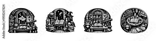 Black and white vintage science and alchemy vector illustrations with books and instruments