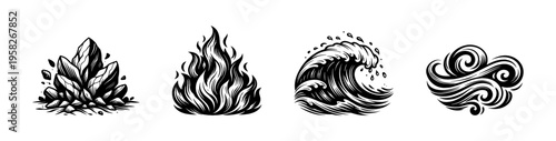 Black and white elemental symbols illustration of earth fire water air in vector style
