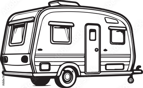 Minimalist black and white caravan trailer icon isolated on white background