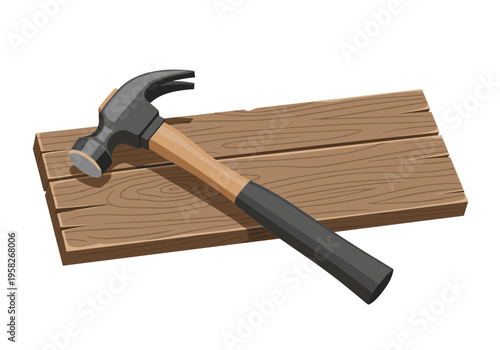 Vector illustration in flat design style, hammer lying diagonally on a wooden board, slight perspective, rustic tones