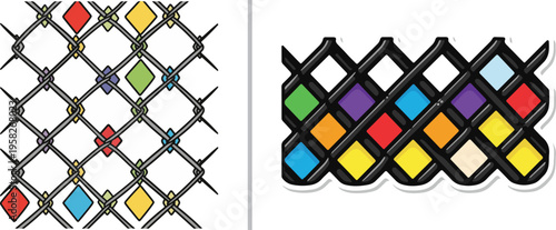 Vector illustration of an outdoor scene and an icon. The left side shows a nature path with a large blue water bottle; the right side shows a black and gray diagonal grid pattern.