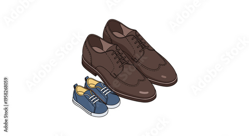 Classic leather father's shoes next to children's sneakers, top view, clear size contrast. Isometric flat vector illustration.